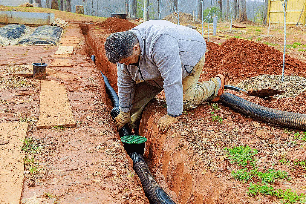 Professionals installing a drainage system